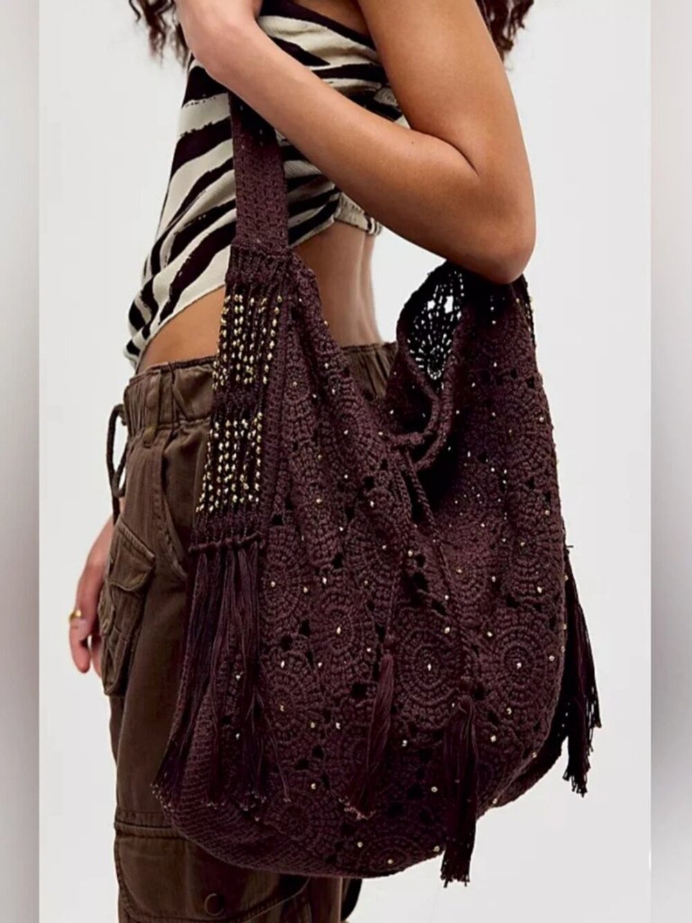 Free People NWT Sunrise To Sunset Handmade Crochet Boho Tote Shoulder Bag